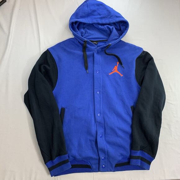 Jordan Hoodie Jacket Mens L Blue Black Jumpman Full Zip Snap Varsity Athletic - Picture 1 of 9